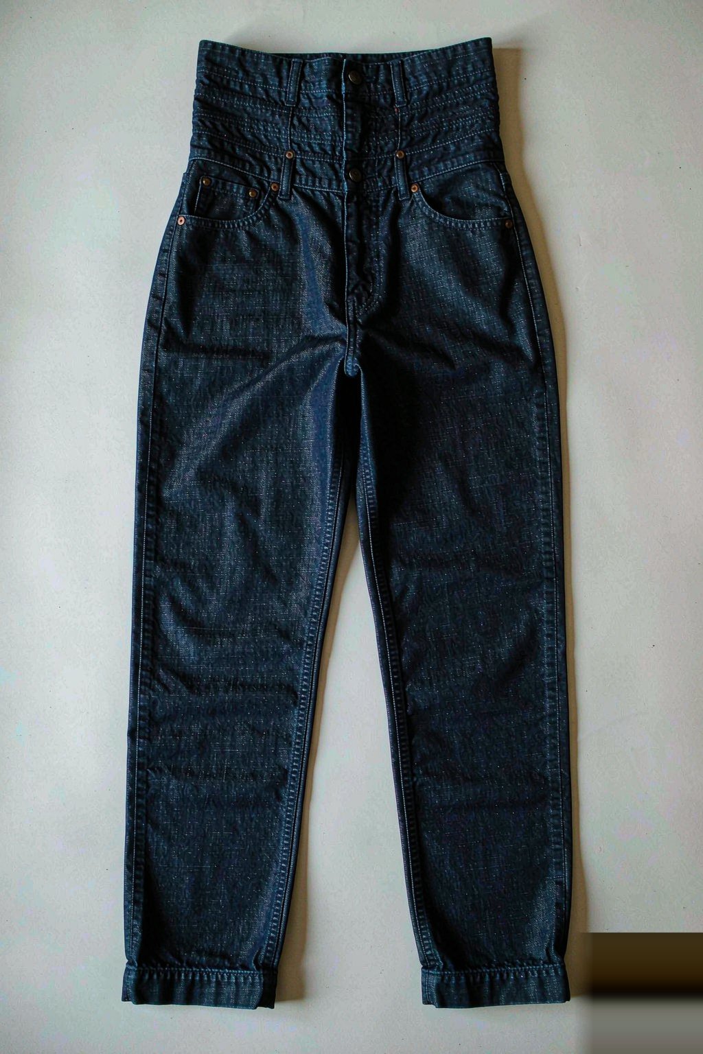 The Eight Fits The High Waisted Straight Jean — Raw Indigo laid flat, showing the leg opening and rise