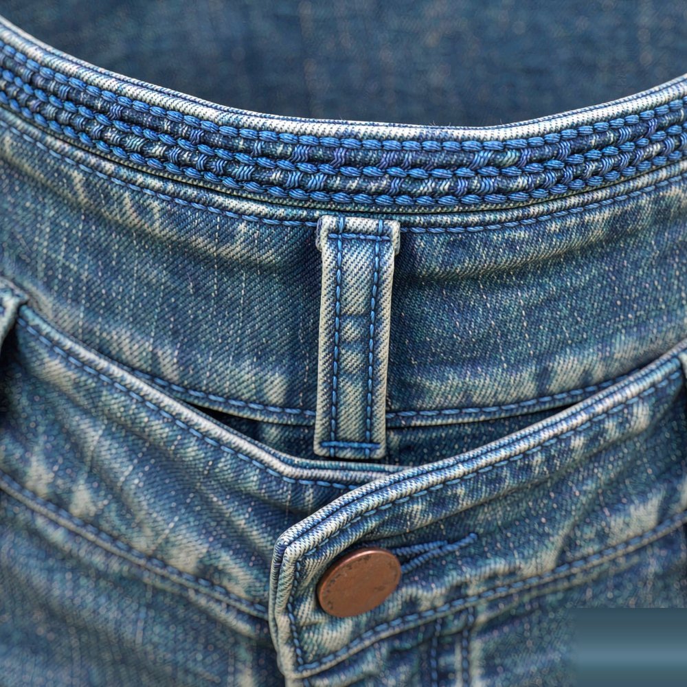 The Mom Jean — Stonewash Close detail of The Mom Jean — Stonewash — stitching, hardware and denim weave