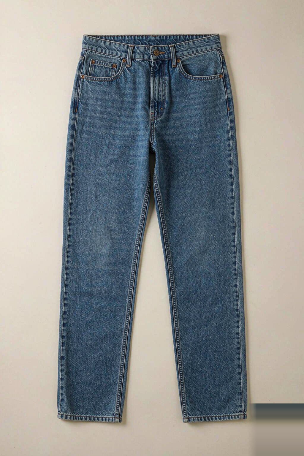 The Eight Fits The Classic Straight Jean — Mid Blue laid flat, showing the leg opening and rise