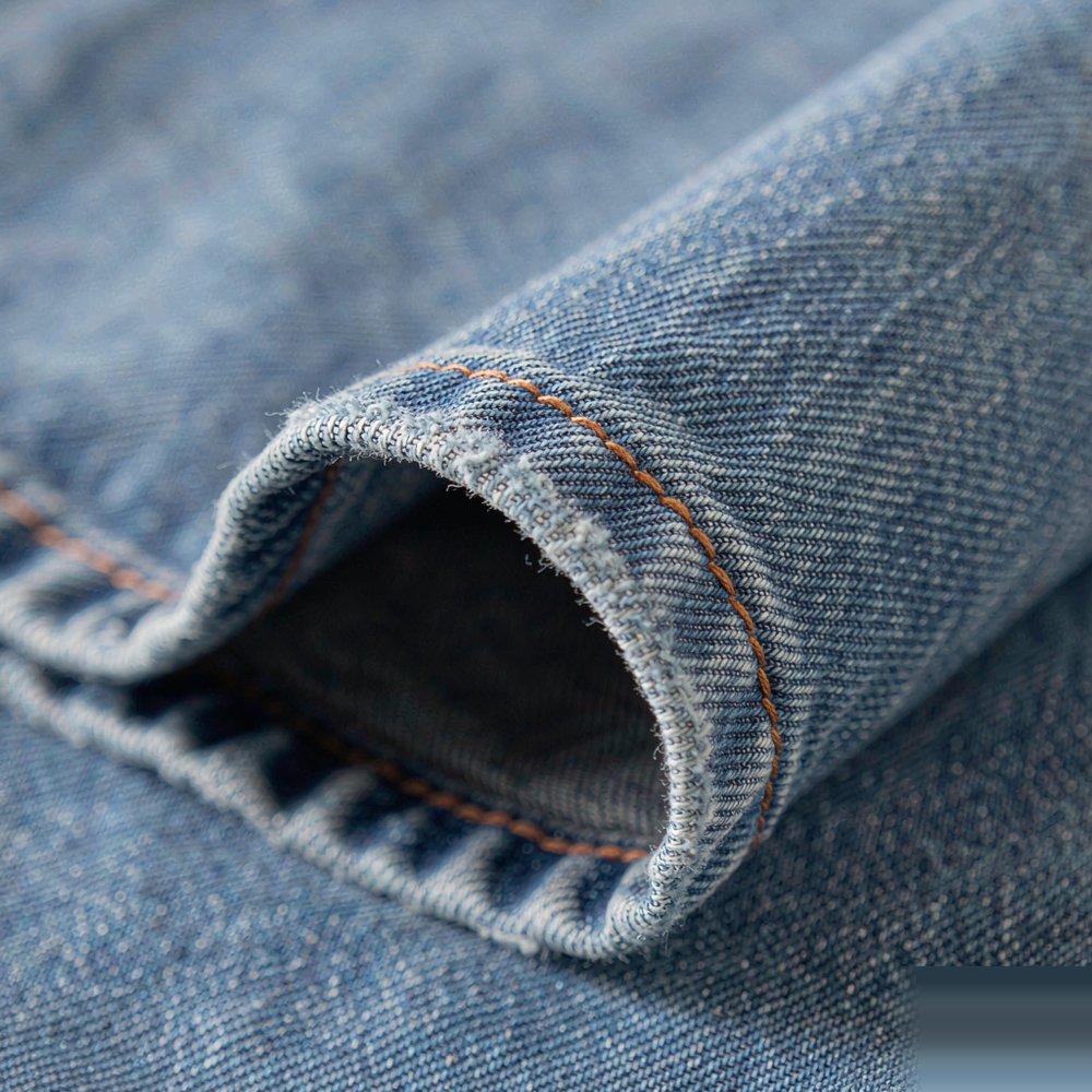 The Classic Straight Jean — Mid Blue Close detail of The Classic Straight Jean — Mid Blue — stitching, hardware and denim weave